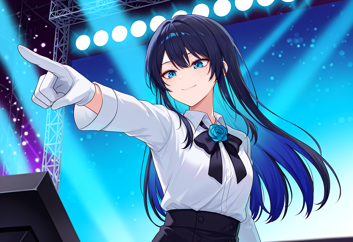 masterpiece, best quality, absurdres, yourturn, 1girl, solo, chando \(ado\), ado \(utaite\), facing away, looking down, pointing at another, stage, stage lights, closed mouth, smile, blue eyes, hair between eyes, mole under eye, long hair, blue hair, black hair, colored inner hair, two-tone hair, sidelocks, white shirt, collared shirt, white gloves, long sleeves, black bowtie, utaite, utaite, flower brooch, <lora:Next_its_your_turn_meme:1>