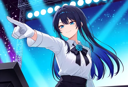 masterpiece, best quality, absurdres, yourturn, 1girl, solo, chando \(ado\), ado \(utaite\), facing away, looking down, pointing at another, stage, stage lights, closed mouth, smile, blue eyes, hair between eyes, mole under eye, long hair, blue hair, black hair, colored inner hair, two-tone hair, sidelocks, white shirt, collared shirt, white gloves, long sleeves, black bowtie, utaite, utaite, flower brooch, <lora:Next_its_your_turn_meme:1>