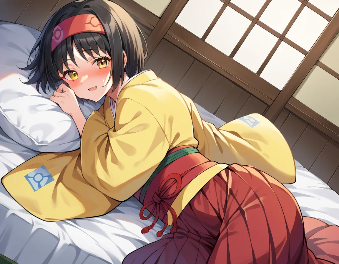 score_9, score_8_up, score_7_up, source_anime,
pokemonerika, <lora:pokemon-erika-ponyxl-lora-nochekaiser:1>
pokemonerika, yellow eyes, black hair, headband, short hair,
japanese clothes, kimono, hakama, red hakama, long sleeves, wide sleeves,
indoors, bed, bed room, on side, blush, drunk,
looking at viewer, cowboy shot, dutch angle,