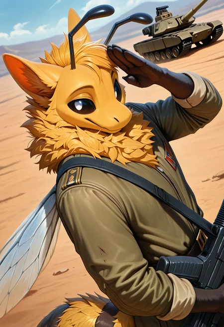 photorealism, photorealistic, depth of field, detailed fur,     male, solo, 1boy, adult, male focus, (sunb3e:1.2), wings, colored sclera, (looking at viewer:1.1), insect wings, yellow body, fluffy tail, nostrils, clothed, clothes,   flirty expression, seductive glance,   (masterpiece, best quality, very aesthetic, newest, 2024), (artist:syuro:0.8), (artist:nomax:0.5), (artist:honovy:0.6), (artist:kenket:0.6), (artist:taran fiddler:0.6),  <lora:Sunbee_OC_Illustrious_r2.safetensors:1.0>,  salute, military uniform, holds assault rifle, stands straight, battlefield, injury, military action, proudly raised head, desert, military vehicle,