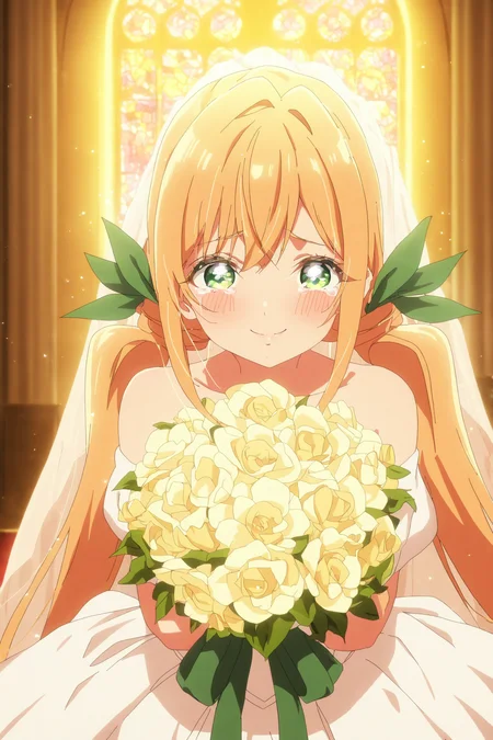 masterpiece, best quality,  absurdres, highres, cinematic light, 1girl, <lora:karane_and_hakari:1> karane_wz, blonde hair, twintails, long hair, hair ribbon, hair ornament, green eyes, green ribbon, indoors, church, stained glass, holding bouquet, flower, smile, tears, happy tears, wedding dress, bridal veil, looking at viewer,  <lora:anime_screencap-Illustrious_1064755:1> anime screencap, anime coloring