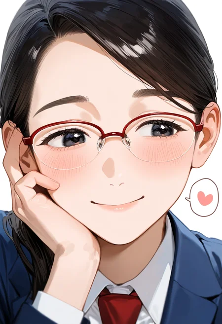 halfrim22A, over-rim eyewear, red-framed eyewear,
1girl, solo, black eyes, black hair, long hair, ponytail, collared shirt, red necktie, blue blazer, blush, smile, happy,
simple background, white background, portrait, upper body, looking at another, look down, looking to the side, hand on own cheek, heart, thought bubble, spoken heart,
masterpiece, best quality, amazing quality, very aesthetic, absurdres,
<lora:glasses_halfrim22A_Illustrious_V1L:0.7>