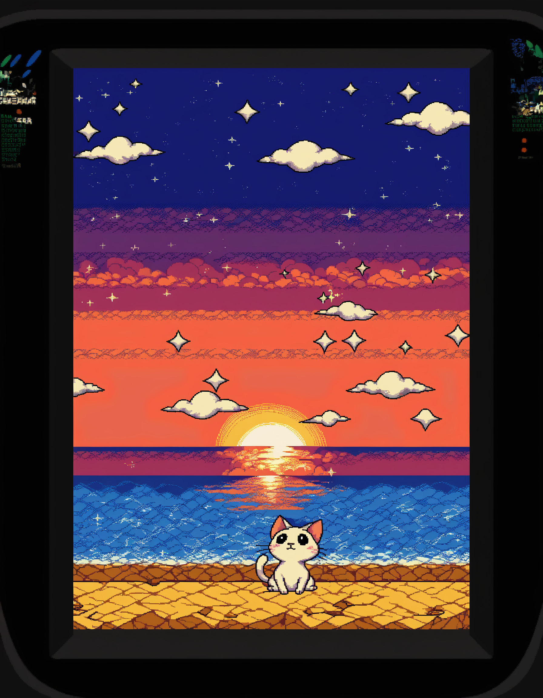 gmgzzz, solo, blush, sitting, outdoors, sky, cloud, water, star , (symbol), no humans, sparkle, ocean, animal, cat, cloudy sky, looking up, sunset, animal focus, fake screenshot, pixel art, video game, game gear, <lora:GameGearPDXL:0.85> PonyXLV6_Scores