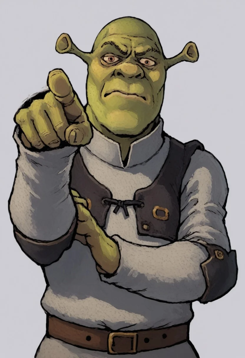 score_9, score_8_up, score_7_up, 1 boy, Shrek, pointing with two fingers, pointing, looking at viewer, Sign of the Horns, corma gesture, horns sign, horns gesture,