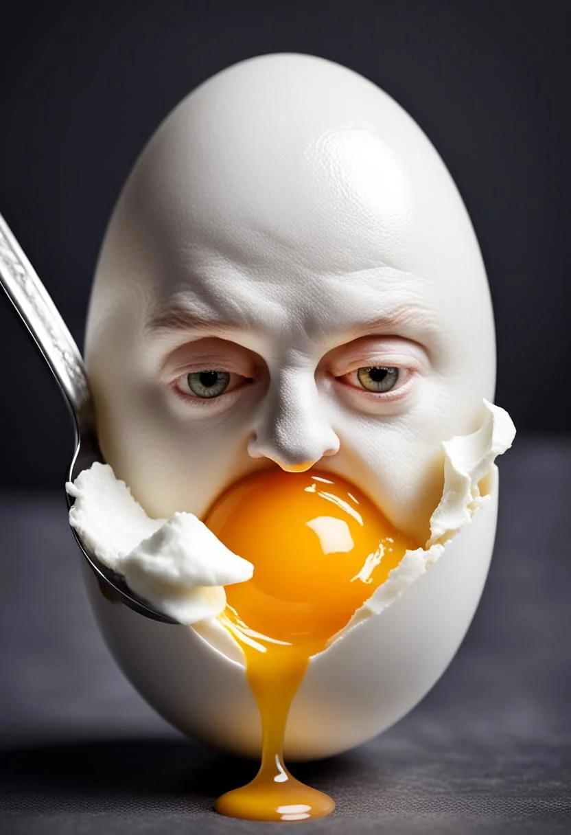 Boiled egg with shell, egg white, egg yolk and spoon sticking in egg looks like a human head, morph, photo realistic