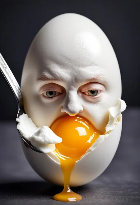 Boiled egg with shell, egg white, egg yolk and spoon sticking in egg looks like a human head, morph, photo realistic