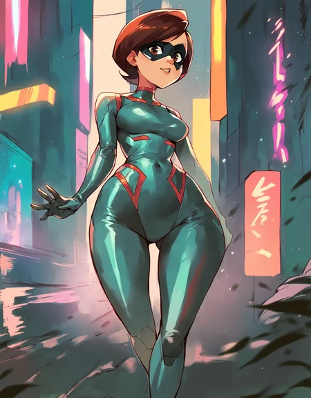 1girl, solo, helen parr, brown eyes, domino mask, looking at viewer, futuristic bodysuit, wide hips,
score_9, score_8_up, score_7_up, score_6_up, source_anime, outside, cyberpunk city, night, neon light <lora:HelenParrXL:0.4>
