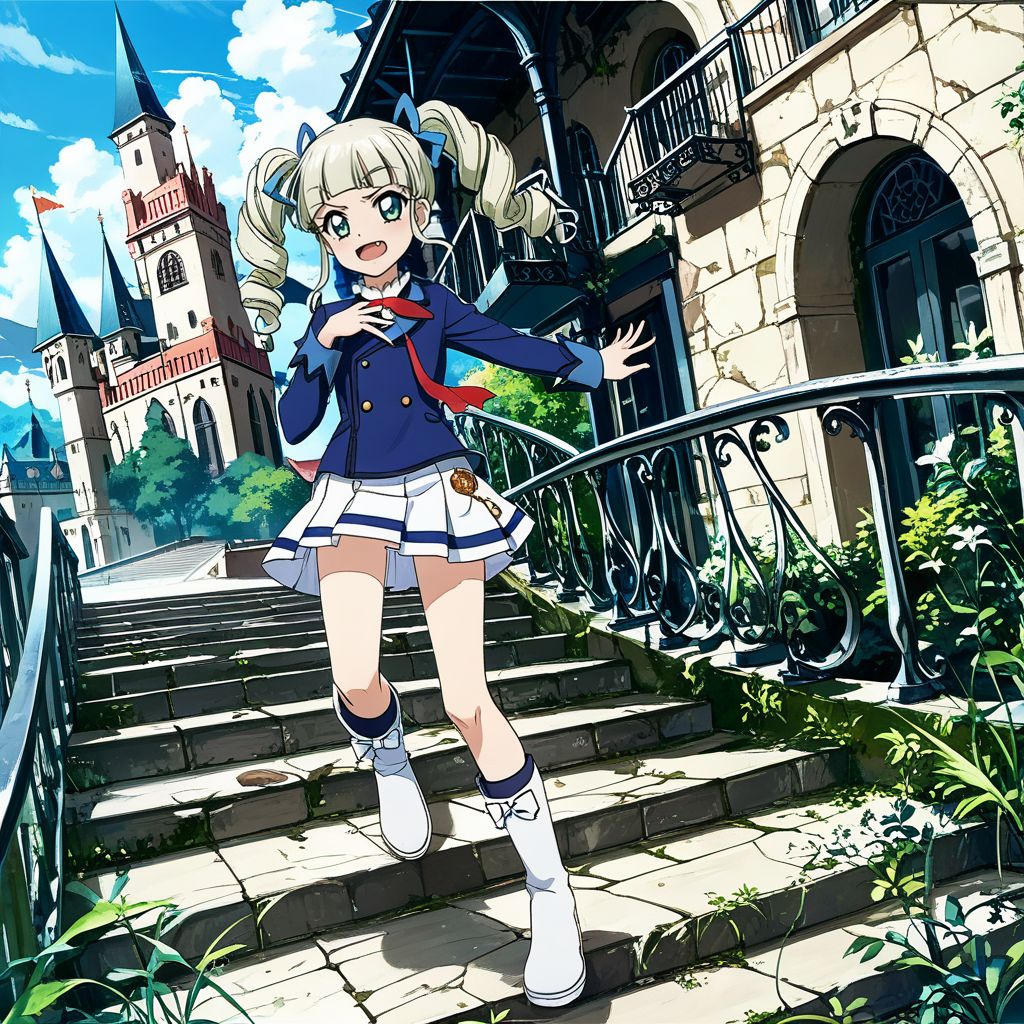 score_9, score_8_up,score_7_up,game cg,official art, uncensored, convenient censoring, covering privates,
rating_safe,
modeling, expressive hair, expressive clothes, dutch angle,wind
stairs, castle,shadow, outdoors, 
 <lora:yurikasamaV:0.8> todo yurika, green eyes, platinum blonde hair, blunt bangs, drill hair,  twin drills, hair bow, bow,ribbon,fang,fang out,          starlight academy school uniform,,blue jacket,white skirt    white footwear, knee boots,