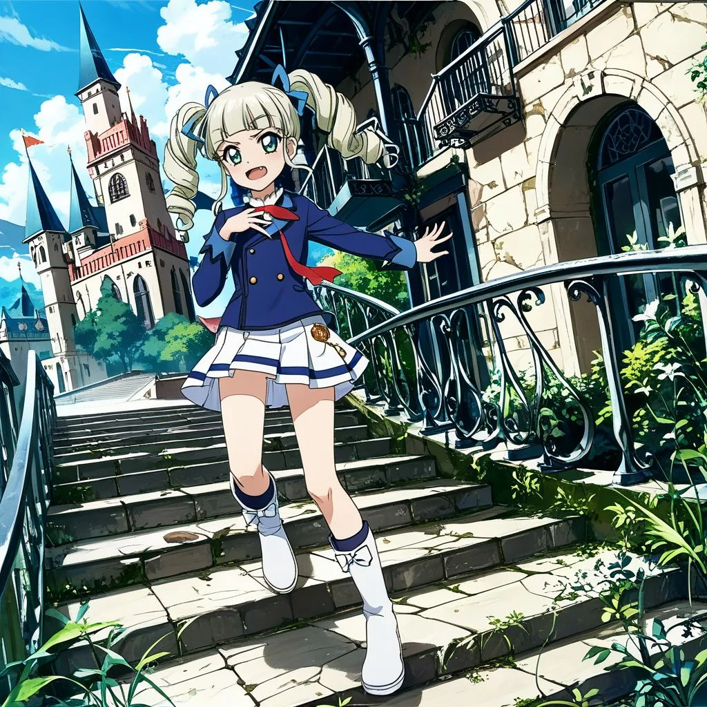 score_9, score_8_up,score_7_up,game cg,official art, uncensored, convenient censoring, covering privates,
rating_safe,
modeling, expressive hair, expressive clothes, dutch angle,wind
stairs, castle,shadow, outdoors,
<lora:yurikasamaV:0.8> todo yurika, green eyes, platinum blonde hair, blunt bangs, drill hair, twin drills, hair bow, bow,ribbon,fang,fang out, starlight academy school uniform,,blue jacket,white skirt white footwear, knee boots,