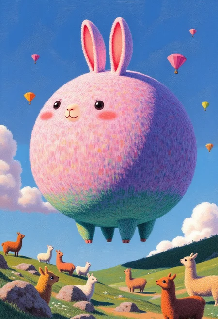 weird and cute, an illustration of a huge strange bunny like floating creature. Small alpacas are standing around in the landscape below him. surreal and kind of crazy, funny theme