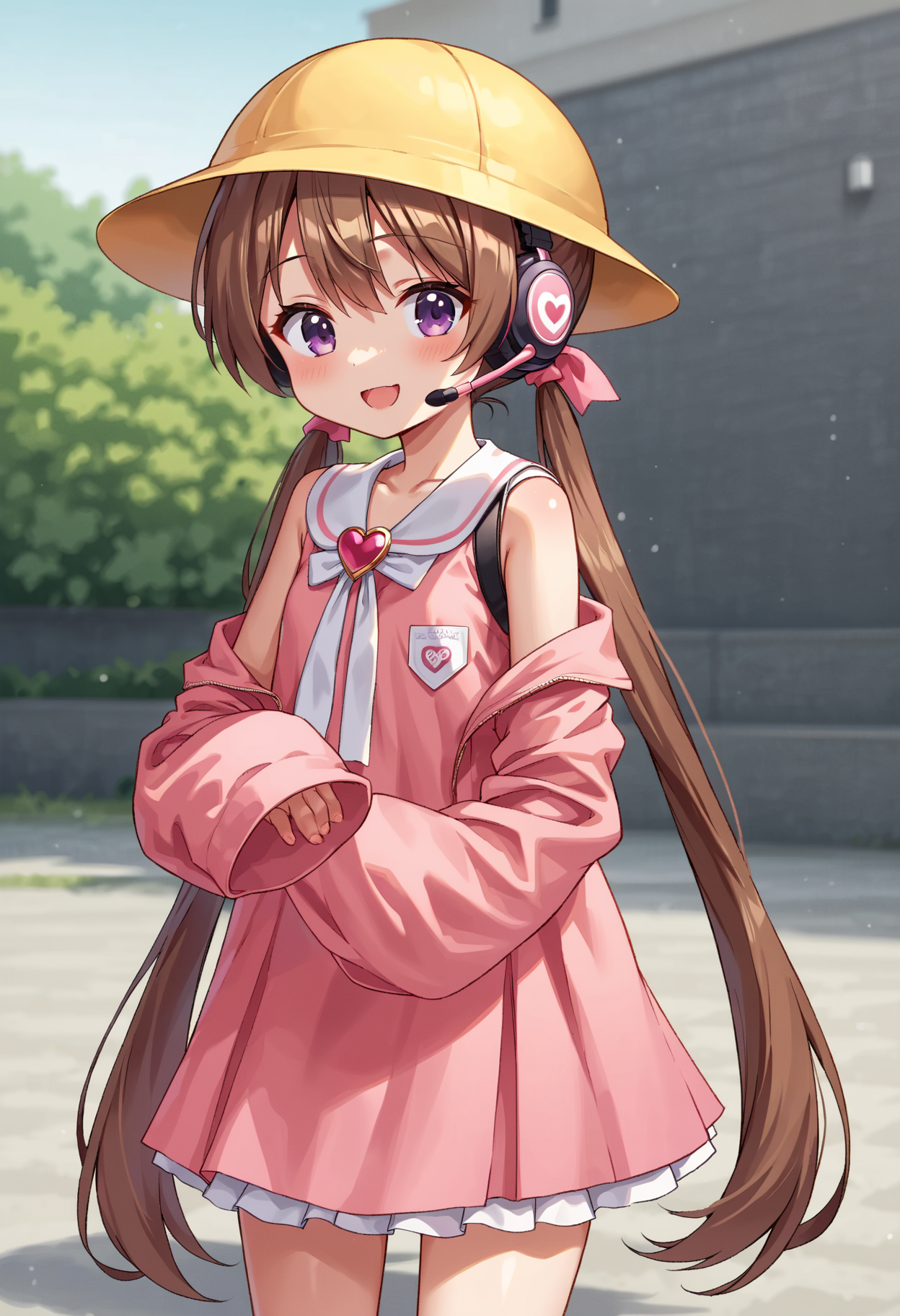 score_9, score_8_up, score_7_up, source_anime, BREAK
<lora:TsukiyomiAi_MMD_Pony_V1:0.9> Tsukiyomi_Ai, Purple Eyes, brown hair, very long hair, low twintails, bangs, pink hair ribbon, headset, school hat, yellow hat, 
White neck ribbon, kindergarten uniform, collared dress, frilled collar, pink dress, Heart Brooch, short dress, Sleeveless dress, Heart name tag, 
(off Shoulder), collarbone, sleeves past fingers, pink sleeves, 
cowboy shot,smile, open mouth, fung,flat chest,  close up,