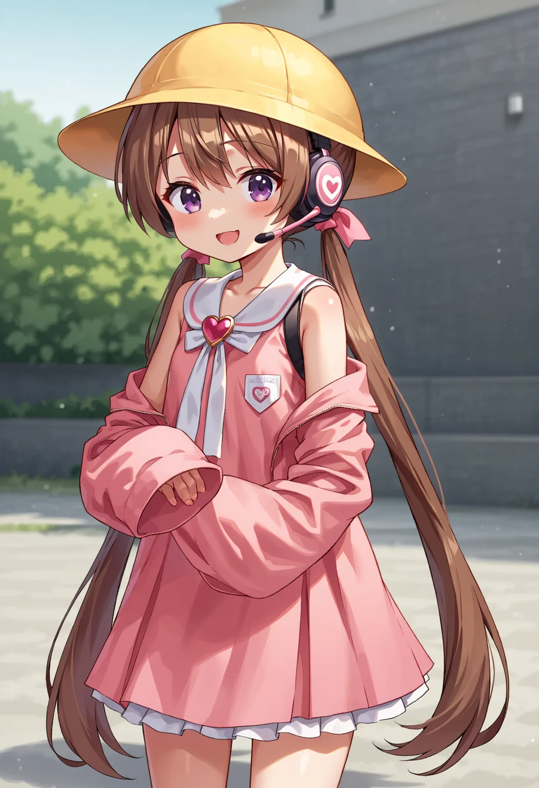 score_9, score_8_up, score_7_up, source_anime, BREAK
<lora:TsukiyomiAi_MMD_Pony_V1:0.9> Tsukiyomi_Ai, Purple Eyes, brown hair, very long hair, low twintails, bangs, pink hair ribbon, headset, school hat, yellow hat,
White neck ribbon, kindergarten uniform, collared dress, frilled collar, pink dress, Heart Brooch, short dress, Sleeveless dress, Heart name tag,
(off Shoulder), collarbone, sleeves past fingers, pink sleeves,
cowboy shot,smile, open mouth, fung,flat chest, close up,