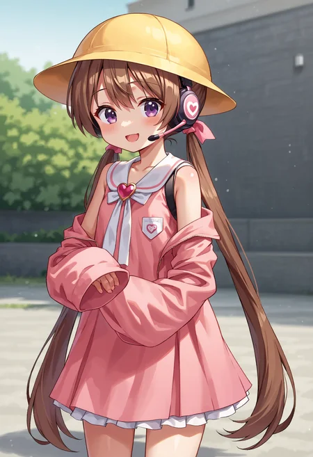 score_9, score_8_up, score_7_up, source_anime, BREAK
<lora:TsukiyomiAi_MMD_Pony_V1:0.9> Tsukiyomi_Ai, Purple Eyes, brown hair, very long hair, low twintails, bangs, pink hair ribbon, headset, school hat, yellow hat,
White neck ribbon, kindergarten uniform, collared dress, frilled collar, pink dress, Heart Brooch, short dress, Sleeveless dress, Heart name tag,
(off Shoulder), collarbone, sleeves past fingers, pink sleeves,
cowboy shot,smile, open mouth, fung,flat chest, close up,