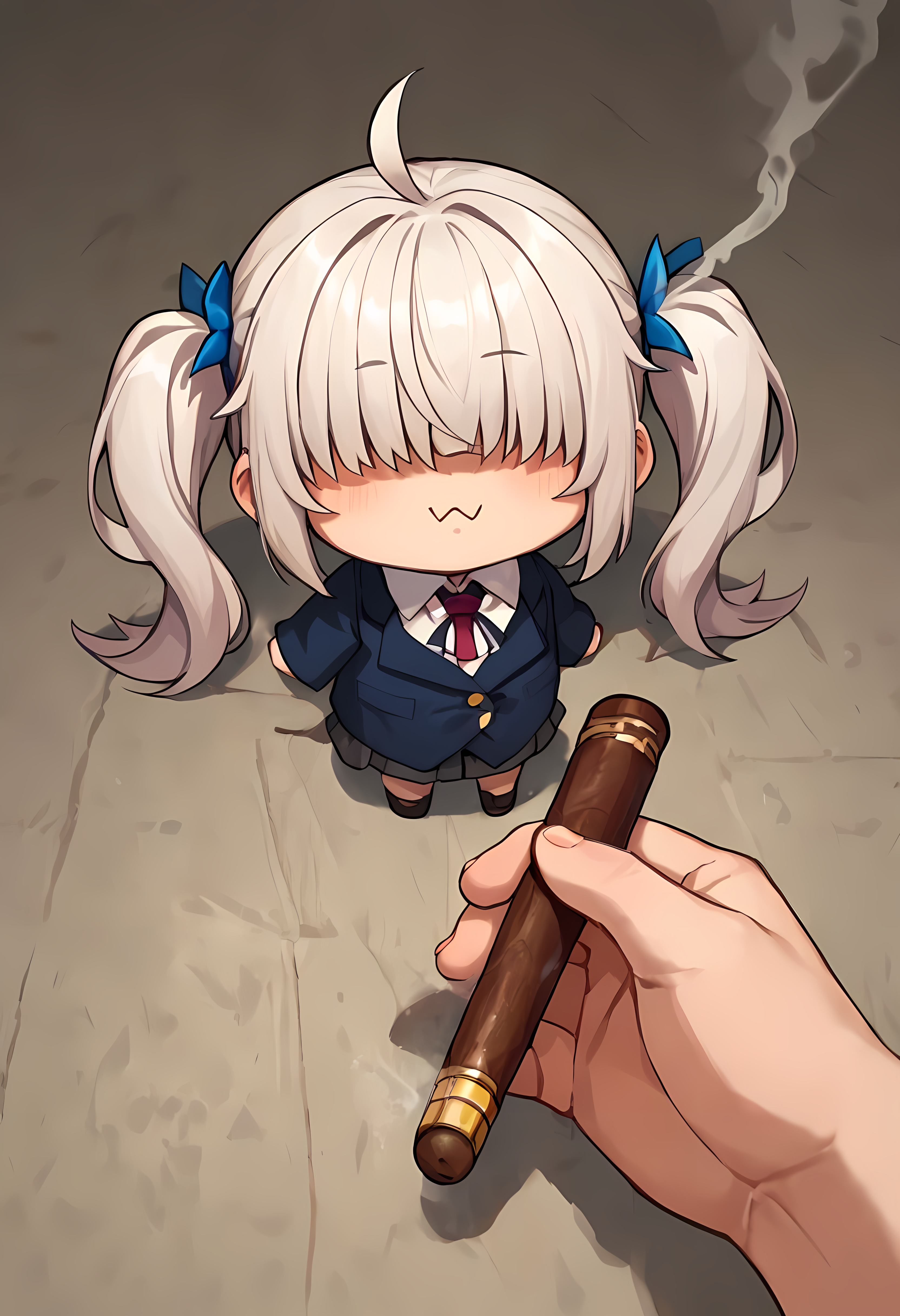 score_9, score_8_up, score_7_up, BREAK
godoacrime, 1girl, white hair, messy hair, hair covering eyes, hair over eyes, twintails, :3, chibi, pov, hand, holding gun, smoking cigar, cigarette, holding cigar, smoke <lora:GoDoACrime DoRA PDXL:1>