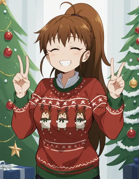 score_9, score_8_up, score_7_up, source_anime, <lora:popura-taneshima-s2-ponyxl-lora-nochekaiser:1>, popura taneshima, long hair, brown hair, ponytail, ahoge, large breasts,, <lora:christmas-sweater-ponyxl-lora-nochekaiser:1>, christmas sweater, christmas, ugly sweater, print sweater, red sweater, christmas tree, christmas ornaments, sweater, multicolored sweater, , v, smile, hands up, teeth, closed eyes, cowboy shot,
