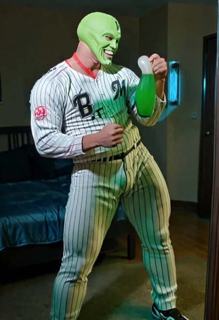 Extremely muscular strong handsome young grinning lustful man with a green head wearing pajamas looking at himself in through a mirror in his flat at night, big bulge, large biceps, wide shoulders, muscular legs, the_mask,chibalotteU, baseball uniform, baseball cap, black cap,pureerosface_v1