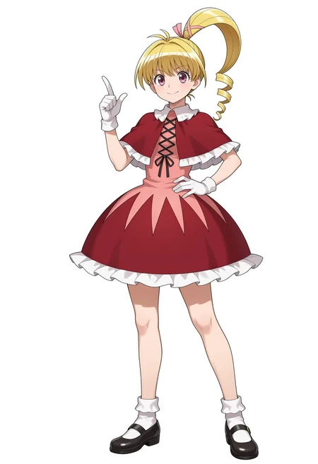 1girl, white gloves, blonde hair, white background, full body, red dress, long hair, simple background, hand on own hip, shoes, red capelet, cross-laced top, white socks, pink ribbon, smile, purple eyes, mary janes, hair ribbon, standing, black shoes, index finger raised, closed mouth, frilled dress, bobby socks, drill ponytail, red ribbon, frilled capelet, multicolored dress
,masterpiece,best quality,amazing quality,
<lora:NoobV065sHyperDmd:.5> <lora:bisky_meipaws:1>
