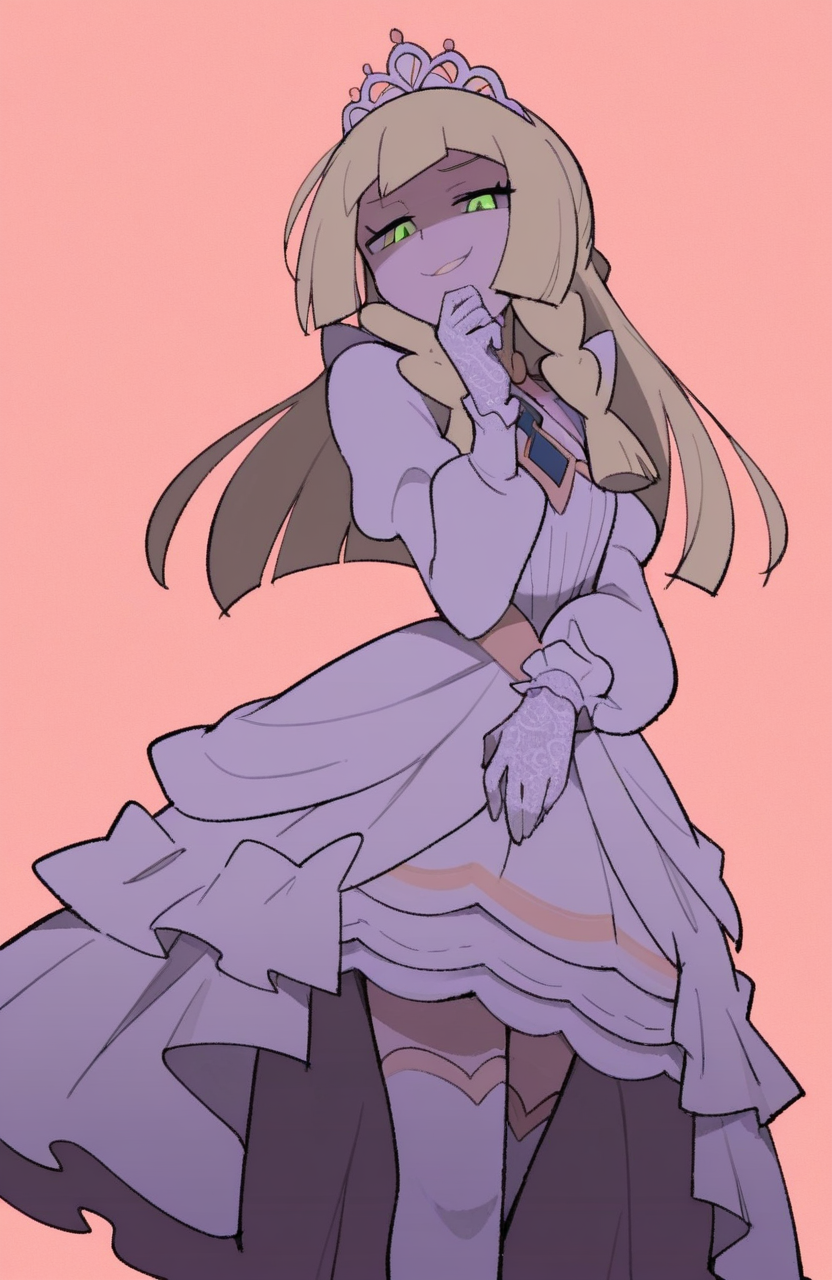 1girl, solo, <lora:TemmieChang:1> tmchng, standing, low light, hidden features, subtle smirk, secretive glance,
lillie \(pokemon\), long hair, blonde hair, elegant princess outfit, puffy long sleeves, frilled skirt, thighhighs, tiara, lace gloves, , extremely detailed, highres, masterpiece, best quality