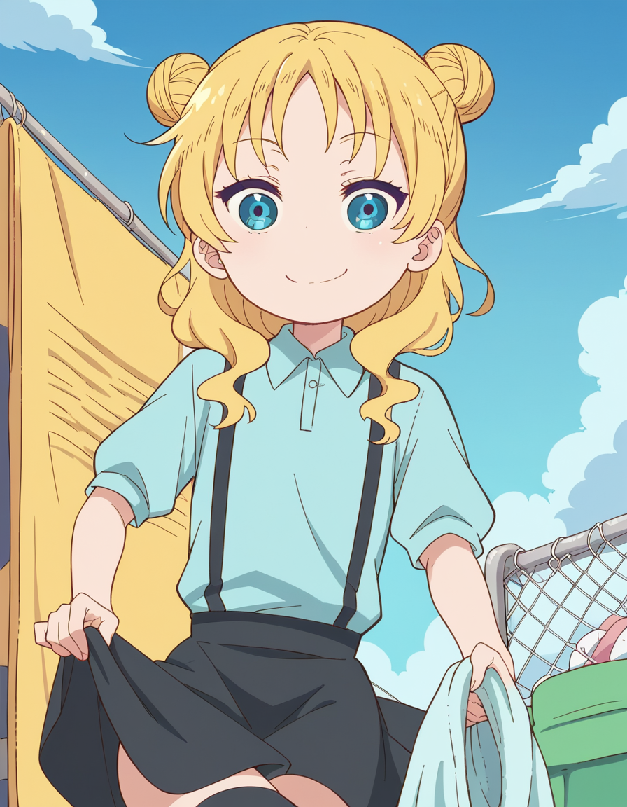score_9, score_8_up, score_7_up, source_anime, <lora:dragon-chloe-s2-ponyxl-lora-nochekaiser:1>, chloe, blue eyes, blonde hair, hair bun, double bun, child, female child,, skirt, shirt, thighhighs, collared shirt, suspenders, blue shirt,, laundry day, clothesline, drying clothes, domestic life, fresh air, blue sky, smile, , smug, solo,, dutch angle,