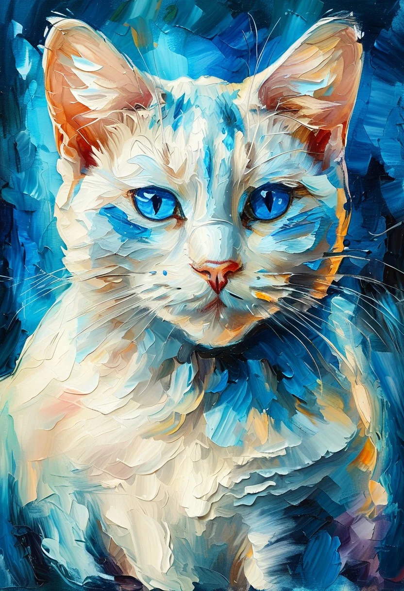 Masterpiece painting in the style of Leonid Afremov. Highly detailed illustration of a blue eyes white cat close up portait.