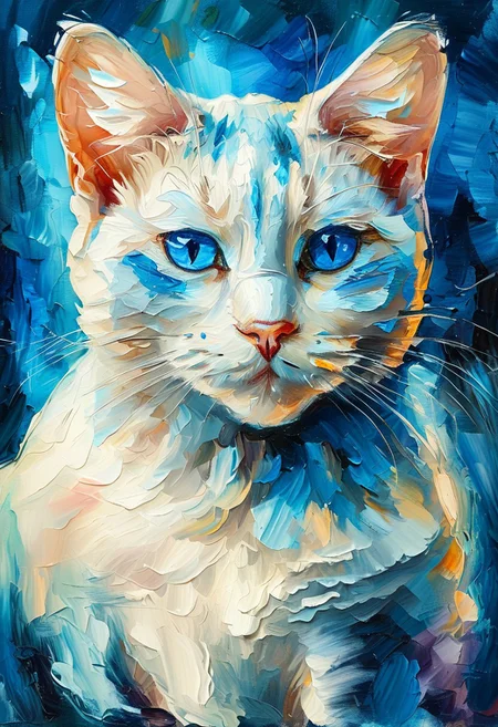 Masterpiece painting in the style of Leonid Afremov. Highly detailed illustration of a blue eyes white cat close up portait.