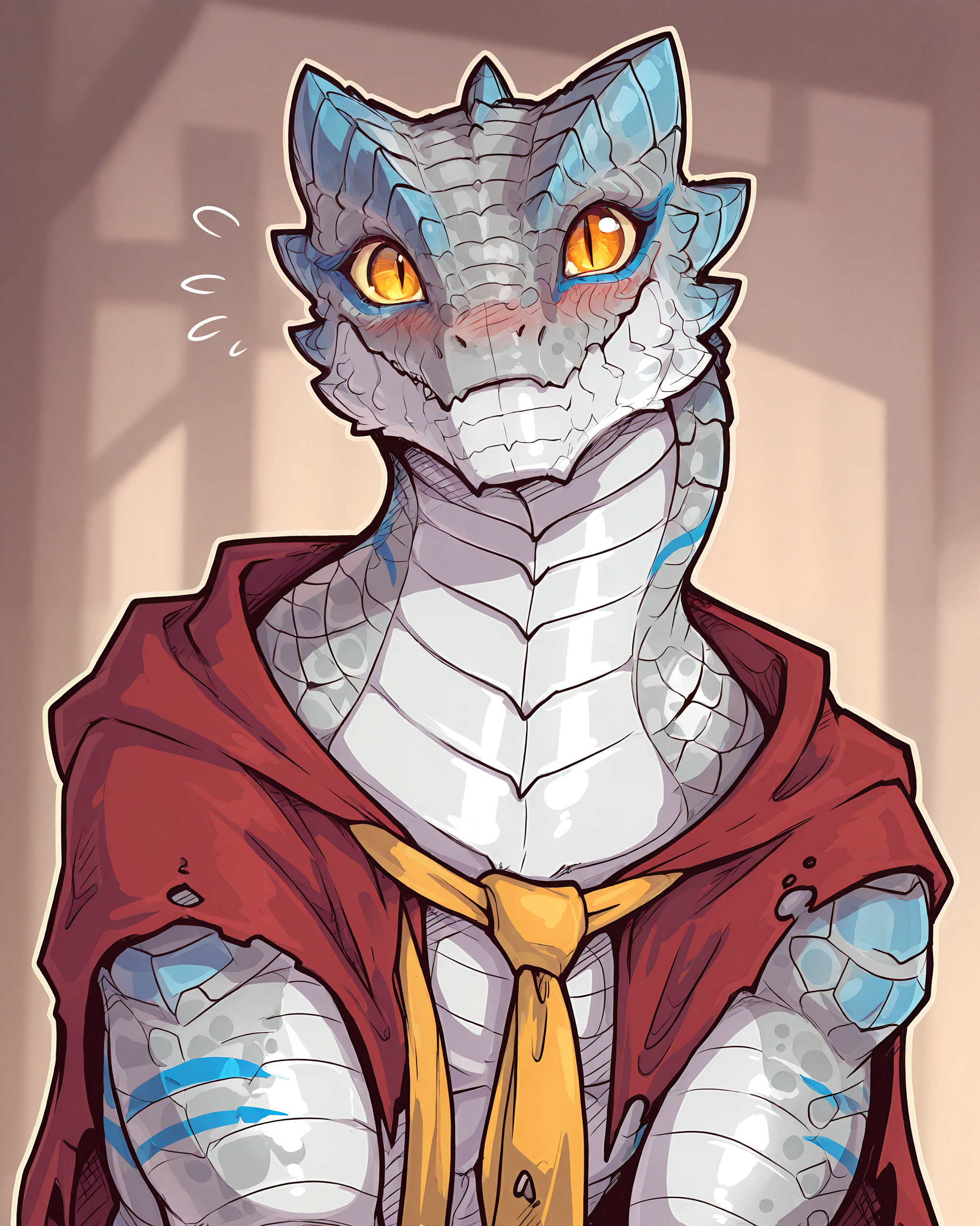 solo
BREAK
male, anthro, adult, (lizardman, scales, blue markings, stripes), orange-yellow eyes, slit pupils
BREAK
torn cape, nude, neckwear
BREAK
standing, upper body, face focus, cute, looking at viewer, romantic, nervous smile, embarrassed
BREAK
11uisabad1a5, masterpiece, best quality, amazing quality, aesthetic, cel shading, hard shading, lineart, crosshatching, outline