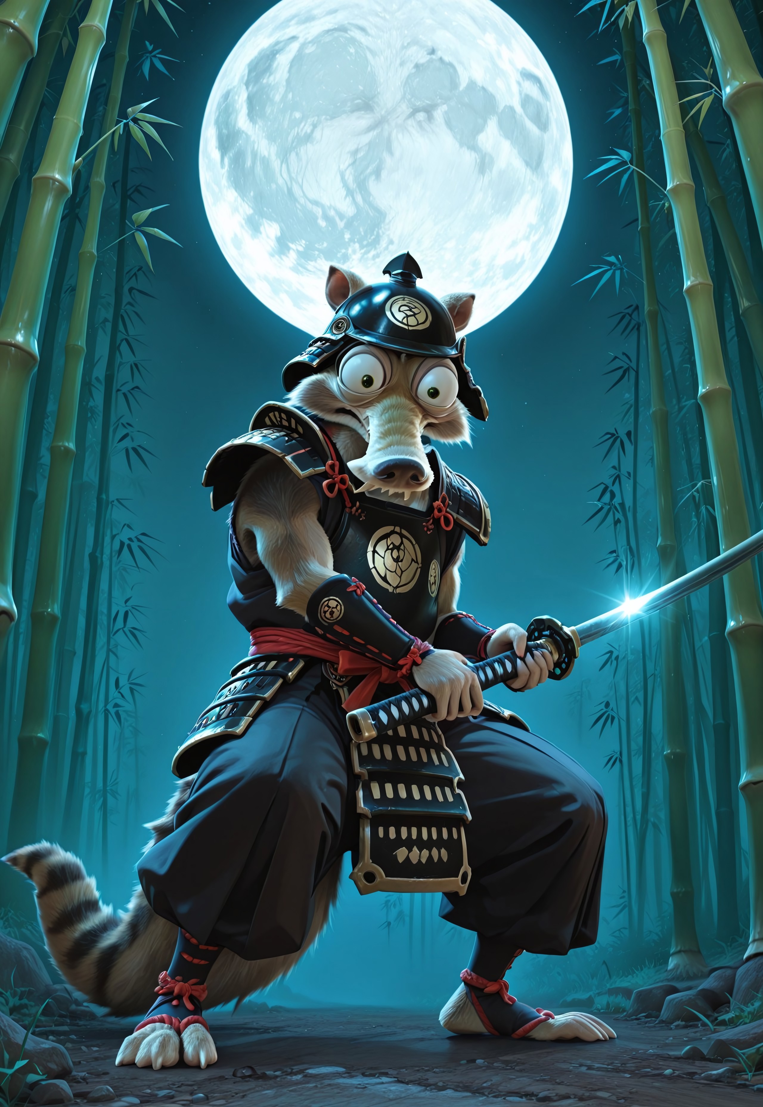 Masterpiece, newest, highest quality, absurdres, aesthetic, 1boy, solo, Scrat, long snout, bushy tail, bulging eyes, striped tail, samurai helmet, holding katana, reflecting moonlight, battle stance,  bamboo forest background, detailed background, large moon, closeup,