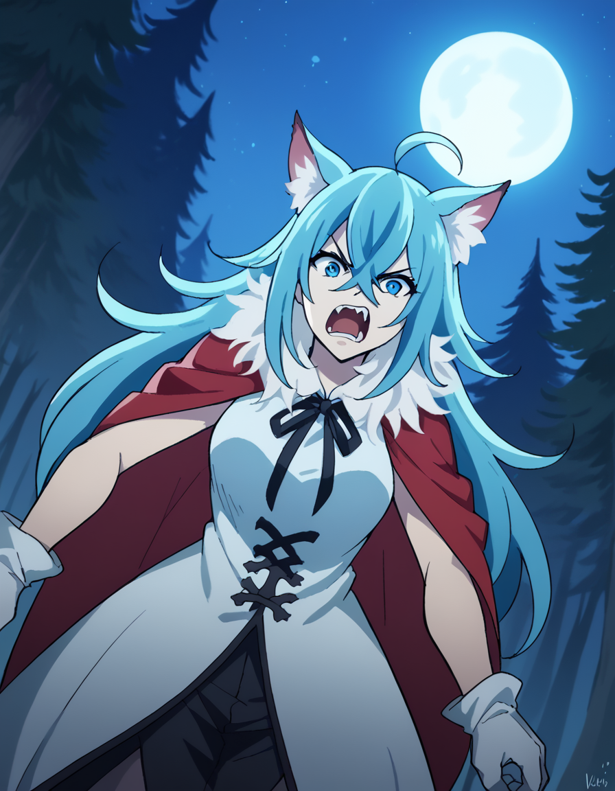 score_9, score_8_up, score_7_up, source_anime, <lora:vivy-s1-ponyxl-lora-nochekaiser:1>, vivy, blue hair, blue eyes, crossed bangs, ahoge, hair between eyes, medium breasts,, <lora:werewolf-ponyxl-lora-nochekaiser:1>, werewolf, furry, fangs, animal ears, gloves, angry, teeth, animal ear fluff,, forest, night, moon, open mouth, , dutch angle, cowboy shot
