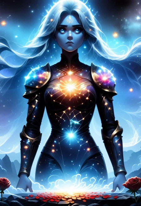 A beautiful woman stands at the edge of a vast, starry void, her form beginning to dissolve into a swirling storm of black, gold, silver, and red rose petals. Her face is serene, almost ethereal, as if she’s accepted her transformation. Her long hair flows gently in an otherworldly breeze, and her eyes, filled with a mix of sadness and wonder, gaze into the infinite cosmos. As the petals break away from her body, they are caught in a cosmic whirlwind, spiraling upward into the darkness. The black petals shimmer faintly, their edges glowing with gold and silver, while the red petals burn like embers, leaving trails of fiery light. The stars around her pulse and twinkle, their light reflecting off the petals and creating a mesmerizing dance of shadows and light. The atmosphere is a perfect blend of melancholy and beauty, capturing the woman’s transition from the physical world to the cosmic unknown. The scene is both haunting and enchanting, as if she’s becoming one with the universe itself." Additional details for refinement: Style: Hyper-realistic or semi-realistic, with a focus on atmospheric lighting and fluid motion. Lighting: Soft, cosmic light with glowing highlights on the petals and stars. Color palette: Deep blacks, shimmering golds and silvers, and fiery reds (petals), with shimmering whites and blues (stars). Mood: Melancholic, mystical, and awe-inspiring, with a sense of transcendence and beauty.