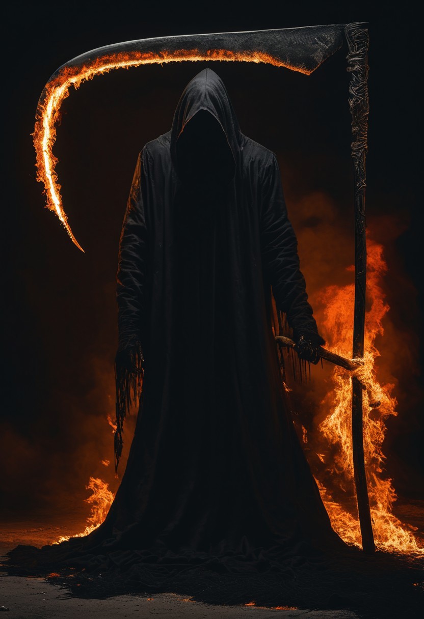 grim reaper, large scythe, burning scythe, raw, realistic, hyperdetailed photography