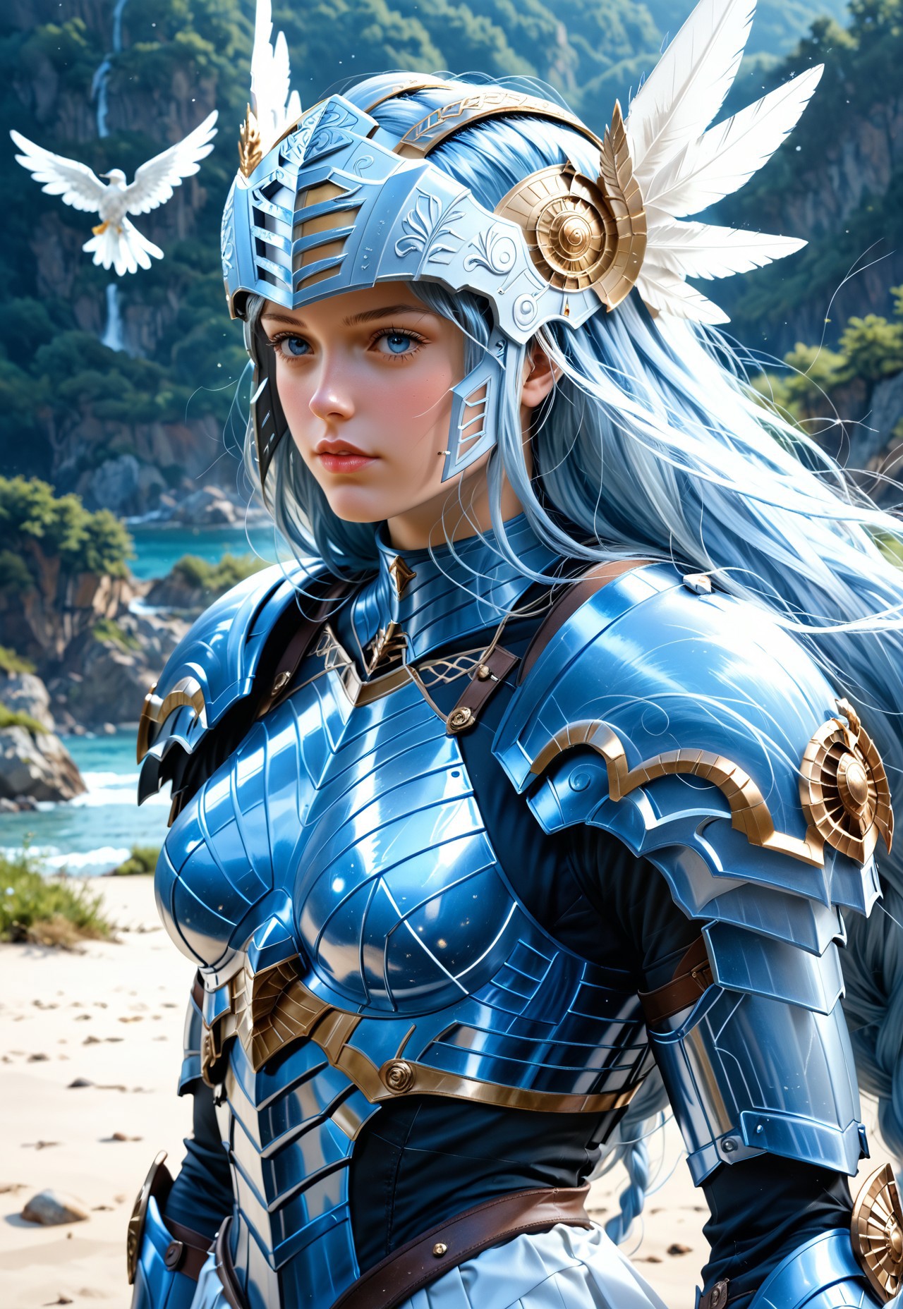 Beautiful woman, 24 years old. Fair skin. Smooth skin. Silvery blue hair. Incredible detail, high clarity. Free hair with braids. Long hair. Lips. 

Valkyrie helmet, winged helmet, beaked helmet.

Deep blue armor, metal armor, smooth armor. White pleated skirt. Good anatomy. Detailed face. 