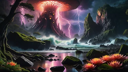 Hyperrealistic art A dark and atmospheric scene inspired by H.P. Lovecraft's "The Call of Cthulhu." In the foreground, the ancient, crumbling city of R'lyeh rises from the depths of the ocean, with its non-Euclidean architecture and impossible angles, covered in seaweed and strange, glowing algae. Towering above the city, the monstrous figure of Cthulhu emerges from the water, his grotesque, squid-like head with writhing tentacles, and massive bat-like wings casting a shadow over the landscape. His eyes glow with a malevolent, otherworldly intelligence. The sky is dark and stormy, with lightning illuminating the chaotic, nightmarish scene. Jagged rocks and towering waves crash around the city, adding to the sense of impending doom. The background features a turbulent ocean and a chaotic, swirling sky filled with dark clouds and flashes of lightning. The atmosphere is filled with a sense of cosmic dread and horror, capturing the terrifying and unfathomable nature of Lovecraft's universe. The overall style is highly detailed and realistic, emphasizing the ancient, alien nature of R'lyeh and the monstrous presence of Cthulhu.
<lora:Enhanced_XL_V1:0.8> enhanced, Hyperrealistic art Hyperrealistic art A stargate bustling futuristic cityscape, floating in post-nuclear war destroyed world with nuclear fallout, creating a juxtaposition between advanced technology and human greed, complete with hyperrealistic detail, cinematic lighting and vibrant colors <lora:world_glass:1>, dynamic, cinematic, masterpiece, intricate, hdr, . Extremely high-resolution detail, photographic, realism taken to the extreme, fine texture, incredibly lifelike . Extremely high-resolution details, photographic, realism pushed to extreme, fine texture, incredibly lifelike, RAW Proffesional Photography of a landscape, Long shot, __Kamera__, (comet:0.1), (flowers:0.1), (water lilies:0.1), (insects:0.1), (animals:0.1), (birds:0.1), (waterfall:0.1), (Fish in water:0.1),(Tundra:0.1), (Desert:0.1), (Rainforest:0.1), (Mountains:0.1), ( Frontal fog:0.1), (Waves:0.1), (Stars:0.1), Sunny, psychedelic, entropy, shallow depth of field detailed background, dark noir style, HDR, RAW, ray tracing reflections, sharp focus, ultra realistic, 12k <lora:add-detail-xl:1>, cinematic photo, a extreme deep underwater world in which occasionally (full body view of a Orca:2.0), coral reefs, algae, underwater plants, colorful fish, The scene features clear water with (random time of day, random weather:1.3), love and entropy are depicted throughout the scene, with mini insects and microcosms complementing the detailed background, HDR, RAW, ray-traced reflections, sharp focus and ultra-realistic detail, 35mm photograph, film, bokeh, professional, 4k, highly detailed
<lora:SDXLHighDetail_v5:1> <lora:more_details:1>, nsfw, Raw poster, concept art, landscape, psychedelic, Raw poster, concept art, landscape, psychedelic, depicting a two-part scenario of the same scene: in the upper half, a dark magic ocean lonely islands with palms, coconut trees, waterfalls, flowers, insects, birds, where dolphins play in the waves and the occasional shark fin breaks the surface; transitioning seamlessly into the lower half, a microcosm of an very deep and very dark underwater world with (colorful fish, mystical lights, coral reefs, seaweed, underwater plants:1.3), and occasional (orcas:0.9) and sharks gliding through the depths., foggy, random weather, random daytime, (love:1.3), (spring saeson in the ball:1.3), entropy, (mini insect:0.1), shallow depth of field detailed background, sunshaft, surreal, dark noir style, HDR, RAW, ray tracing reflections, sharp focus, ultra realistic, 12k
<lora:dreamcolor:0.3> <lora:EDG_-_Test_Lora:0.3> <lora:more_details:0.3>, Raw poster, concept art, landscape, psychedelic, Cloudy,Twilight, Crescent moonlight,beautiful waterfall in the middle of a forest, swiss landscapes, (love:1.1), Ice fog, entropy, (mini insect:0.1), (shallow depth of field detailed background:1.2), dark noir style, HDR, ray tracing reflections, sharp focus, ultra realistic, 12k <lora:add-detail-xl:1><lora:LowRA:1> <lora:more_details:1> ,m0nst3rfy3 <lora:m0nst3rfy3(0.5-1)M:1>, <lora:SDXLHighDetail_v5:1> . Extremely high-resolution details, photographic, realism pushed to extreme, fine texture, incredibly lifelike