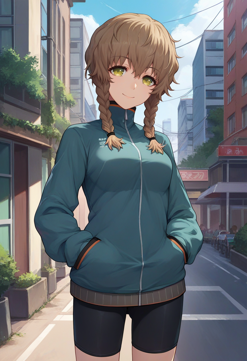score_9, score_8_up, score_7_up, source_anime, solo, 1girl, amane suzuha, smile, looking at viewer, standing, hand in pocket, track jacket, bike shorts, outdoors, city street <lora:steinsgate_amane_ponyXL:1>