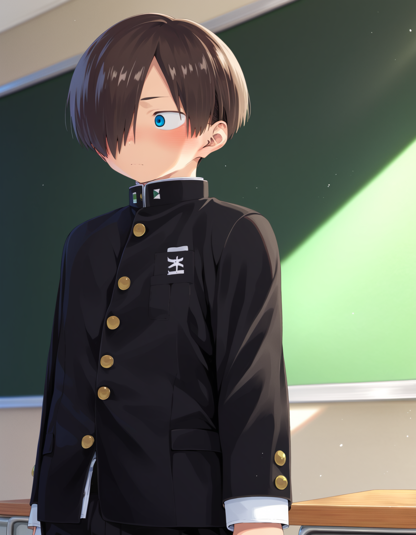 score_9, score_8_up, score_7_up, score_6_up, source_anime, 2015s, indoors, chalkboard, sunlight, cowboy shot, 1boy, solo, kyoutarou_ichikawa, brown hair, blue eyes, short hair, hair over one eye, bangs, school uniform, gakuran, black pants, standing, looking away, blush <lora:shounen_zoom-amxl-v7Pe-ShoAI:1> <lora:kyoutarou_ichikawa_pony:0.8>