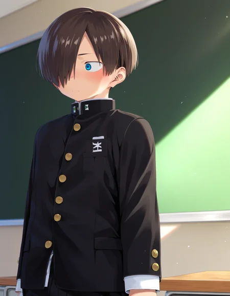 score_9, score_8_up, score_7_up, score_6_up, source_anime, 2015s, indoors, chalkboard, sunlight, cowboy shot, 1boy, solo, kyoutarou_ichikawa, brown hair, blue eyes, short hair, hair over one eye, bangs, school uniform, gakuran, black pants, standing, looking away, blush <lora:shounen_zoom-amxl-v7Pe-ShoAI:1> <lora:kyoutarou_ichikawa_pony:0.8>