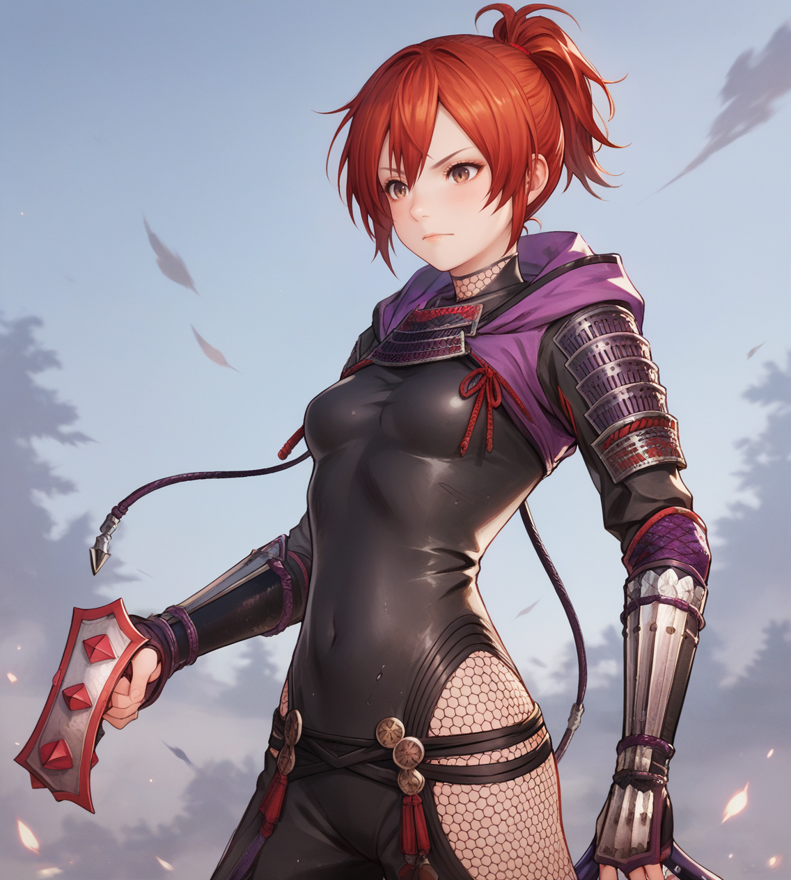 score_9,score_8_up,score_7_up,score_6_up,source anime BREAK,
1girl, solo, portrait,
 mitsuki, red hair, ponytail, brown eyes, short hair, medium breasts
bodysuit, fishnets, hood down, hood, armor, ninja, weapon,
<lora:mitsuki-000010:0.7>
