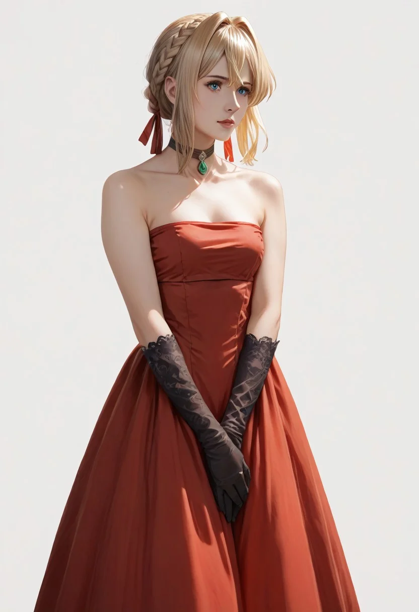 score_9, score_8_up, score_7_up, score_6_up,1girl, face ((cowboy shot)), solo, ((tube top)),violet evergarden, blonde hair, blue eyes, hair ribbon, ribbon, short hair, braids, hair braids, red ribbon, mature female, victorian dress, elegant dress, black and red dress, detailed, choker, crossing hands, black short gloves, black pantyhose, shoes, black and red dress,
