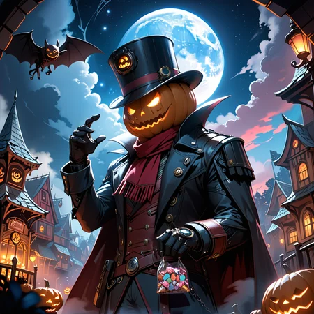 score_9, score_8_up, score_7_up, masterpiece, source_anime, intricated details, concept art, dark fairy tale, steampunk style, cowboy shot, low angle, shallow depth of field, pjSMT, pokemon \(creature\), (a headless horseman wearing Jack-O'-Lantern on his face:1.5), he wearing red aviator scarf, handcuffs, biker jacket, top hat, giving candy, giving treat pose, blush, embarrased, cute ghost, pumpkin village, pink and blue color sky and mist, full moon, starry sky, novuschroma62 style, <lora:add-detail-xl:0.7>, <lora:zavy-cntrst-sdxl:0.9>, <lora:novuschroma62 style_:0.8>, <lora:PyroJackSMT-pdxl:0.8>