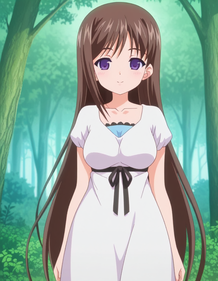 masterpiece, best quality, amazing quality,, <lora:marina-akizuki-ova-illustriousxl-lora-nochekaiser:1>, marina akizuki, long hair, brown hair, purple eyes, mature female, breasts, anime screencap, dress, ribbon, collarbone, short sleeves, white dress,, smile, forest, trees, foliage, wildlife, greenery, cowboy shot, solo, looking at viewer