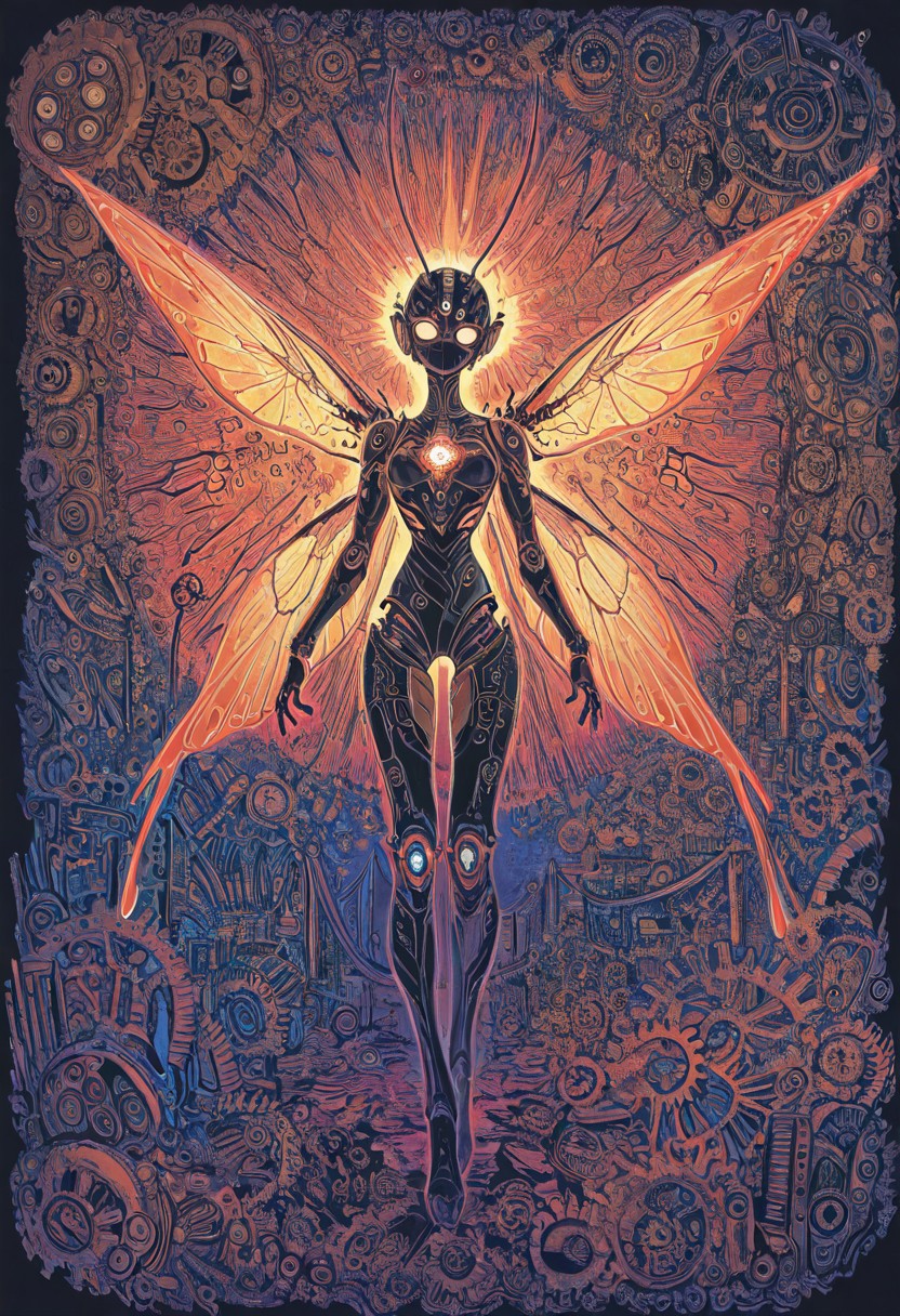 masterpiece, best quality, good quality, very awa, newest, highres, absurdres,  wings, no humans, bug, robot, science fiction, antennae, fantasy, insect wings, gears, non-humanoid robot, steampunk, machine, screw, limited palette, sketch, glowing, psychedelic, <lora:illustriousXL_stabilizer_v1.23:0.3> <lora:NOOB_vp1_detailer_by_volnovik_v1:0.3> <lora:ponyv6_noobE11_2_adamW-000017:0.3> <lora:114558v4df2fsdf5:1> <lora:mon_monmon2133:0.6>
