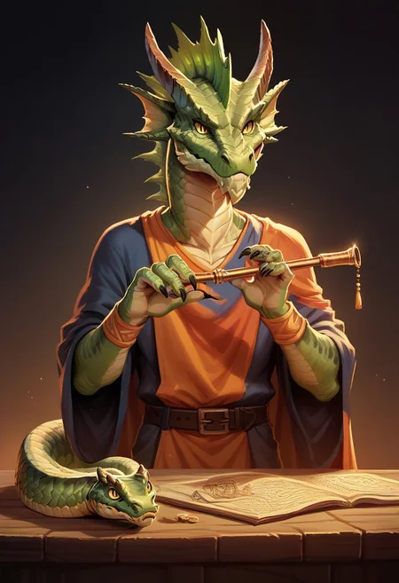 (score_9, score_8_up, score_7_up, score_6_up),(EasyNegativeV2:1.3),
PonyXLV6_Scores, detailed,source_furry, rating_safe,
Anthro, male anthro greendrg bard, (male focus), wearing colorful clothing, a flute hanging on his belt, horns, green scales, snake eyes, dnd_dragon, male anthro half dragon,claws, horns, tail, yellow eyes, dark green horns, green scales , tail, extremely detailed,