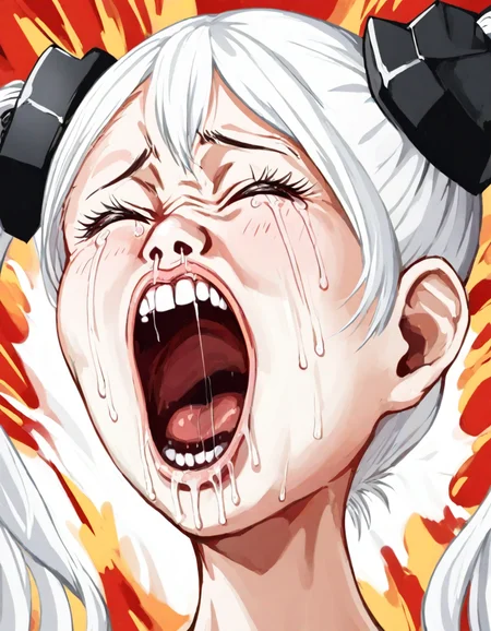 1girl,destroyer (girls' frontline),girls' frontline,bare shoulders,black armband,black dress,hair between eyes,hair ornament,long hair,small breasts,pale skin,sangvis ferri,sleeveless dress,twintails,upper body,white hair,closed eyes,
open mouth,solo,tears,crying, style_parody, blush, streaming tears, snot, saliva, drooling,face, explosion, fire background, 
masterpiece, best quality,  <lora:lcm-animagine-3:1> <lora:natsumi_ikitottanka_ware_v002_animagine:1>