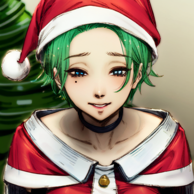 best quality, masterpiece, stella, short hair, green hair, blue eyes, a mole under left eye, christmas costume, happy, christmas tree, santa hat