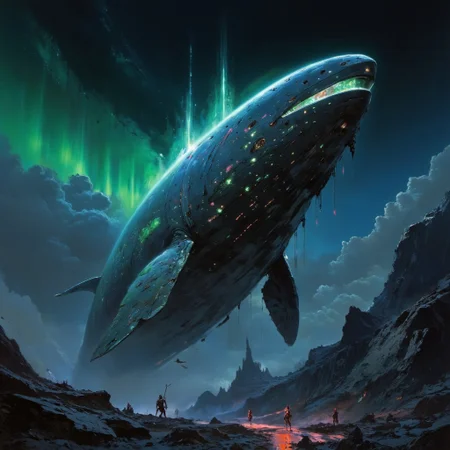 A detailed close-up of a full bioluminescent whale swimming in a sea of clouds, that seem to shimmer with cosmic energy. Her eyes is beautiful. Her skin is speckled with glowing particles that resemble stars. The image is set against a starry night sky, with light of distant stars, creating a cosmic and surreal atmosphere. The style is highly detailed, with a digital art feel, using a vibrant palette of colors and glowing blues, greens and pinks. Soft, dreamlike lighting enhances the mysterious and celestial mood of the image. the sky is dotted with aurora borealis. <lora:artisketchyfs-v02:0.83> <lora:FLUXRetroSciV3:0.53> RetroSci style, <lora:flux.1_lora_flyway_Epic-Characters_v1:0.43>