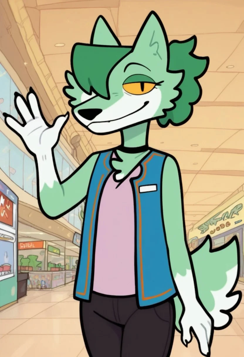 nance_arcade, 1girl, female furry, anthro, canide, wolf, light green and white fur, animal ears, dark green hair (ponytail, hair over one eye), black eyes (yellow sclera), tufty chest, white paws, claws, green tufty tail with white fur on tip, black chocker, pink sleeveless shirt, blue toptie vest, black short pants, barefoot, score_9_up, score_8_up, score_7_up, looking at viewer, smiling, smug, waving at viewer, female focus, ultra detailed, detailed background, mall background, masterpiece, best quality, 8k, Expressiveh,