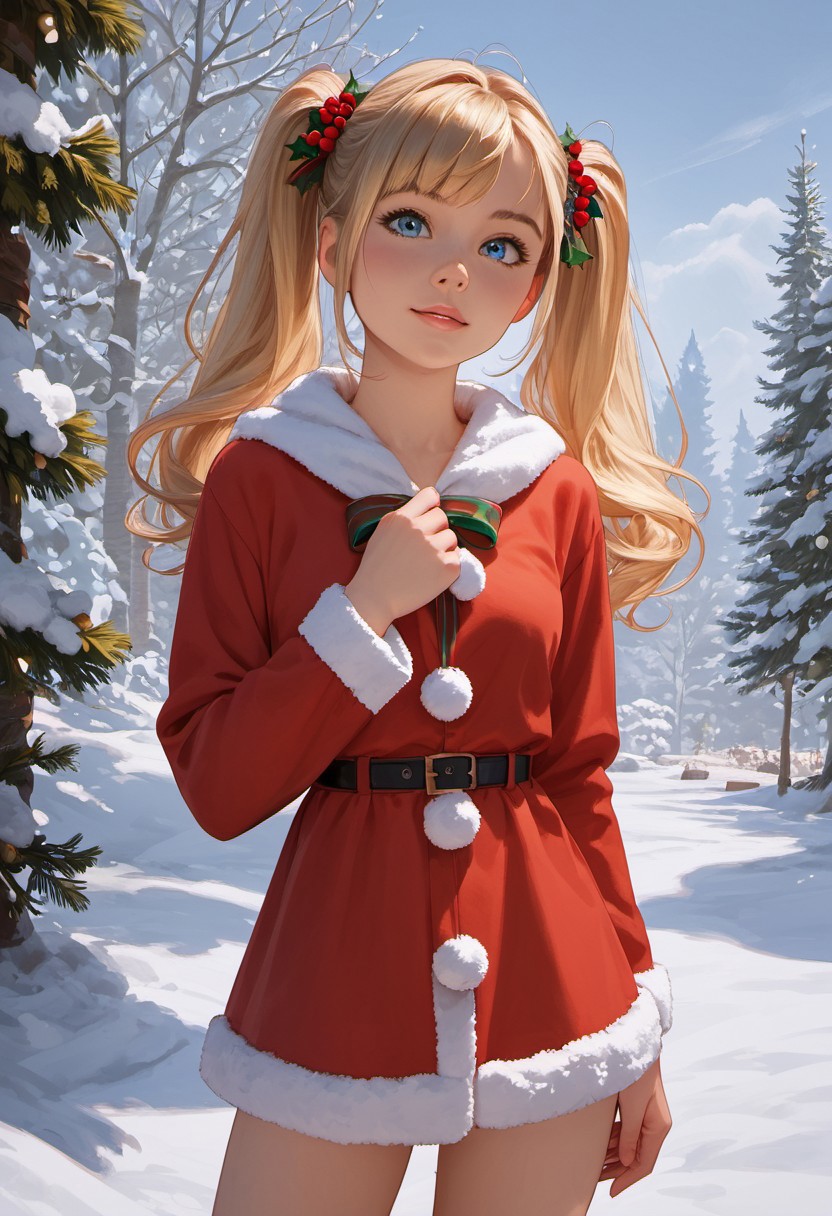 1girl, solo, score_9, score_8_up, score_8, score_7_up, score_7, score_6_up, score_6, rating_safe, cute face, detailed and beautiful face, detailed and beautiful eyes, cute girl, blue eyes, blonde hair, twintail, long hair, medium breasts,  looking at viewer, Christmas outfit, snow, outside, standing,
