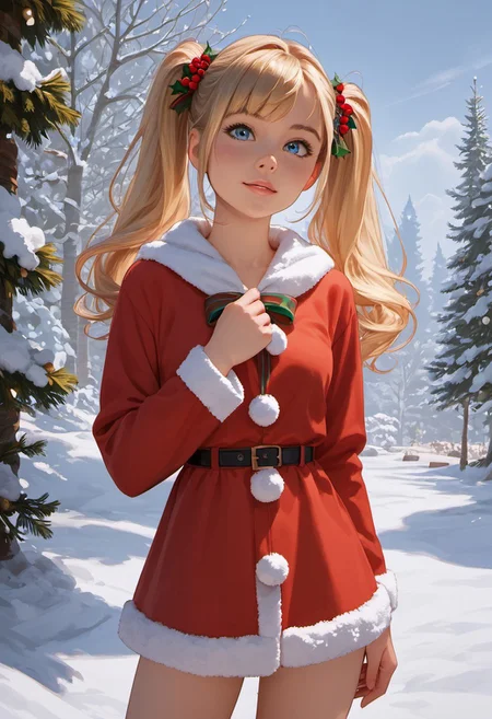 1girl, solo, score_9, score_8_up, score_8, score_7_up, score_7, score_6_up, score_6, rating_safe, cute face, detailed and beautiful face, detailed and beautiful eyes, cute girl, blue eyes, blonde hair, twintail, long hair, medium breasts,  looking at viewer, Christmas outfit, snow, outside, standing,