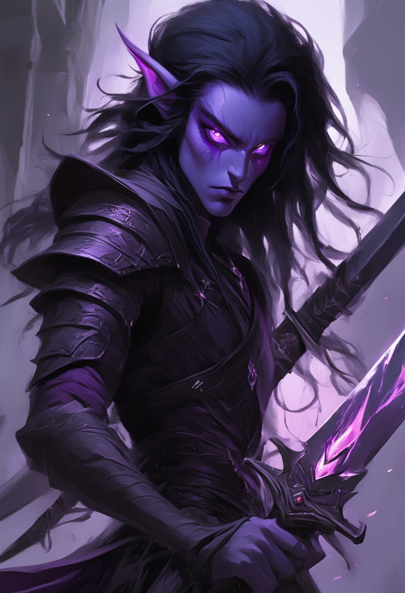 dark elf warrior, glowing purple eyes, black hair, sword
