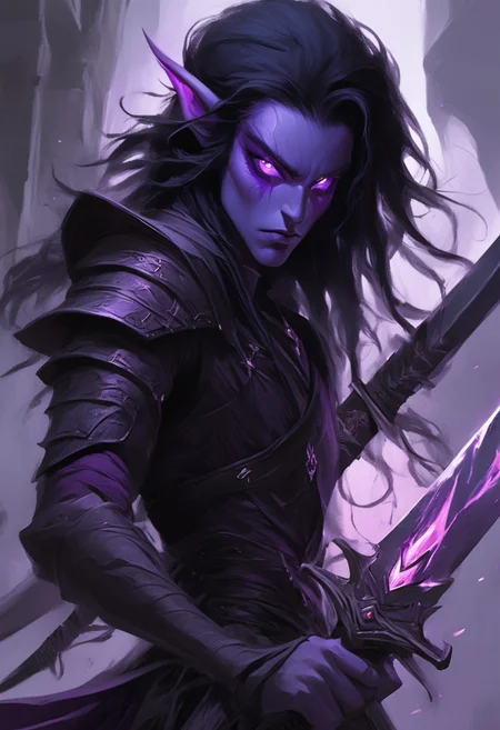 dark elf warrior, glowing purple eyes, black hair, sword