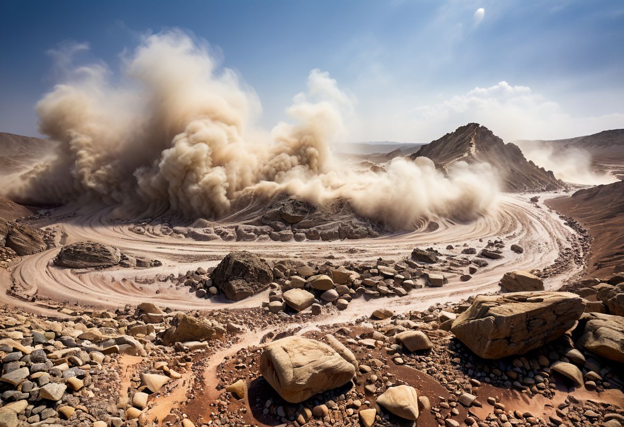 a turbulent atmosphere, where the sky is obscured by a swirling mass of dust and stones.
